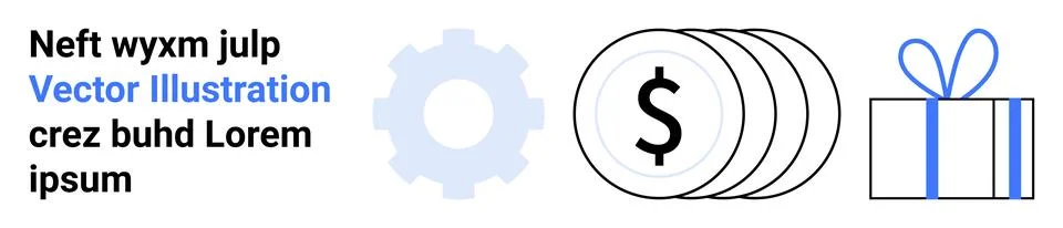 Gear, stack of dollar coins, and gift box outline icons next to placeholder t Illustrazione stock