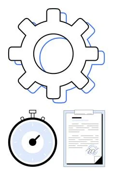 Gear, Stopwatch, and Signed Document Representing Efficiency, Timeliness, a.. Stock Illustration