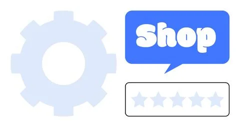 Gear symbol, blue speech bubble with text Shop, and a five-star rating system Stock Illustration