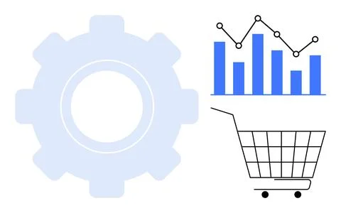 Gear Symbol with Data Chart and Shopping Cart Representing E-commerce Analyti Stock Illustration