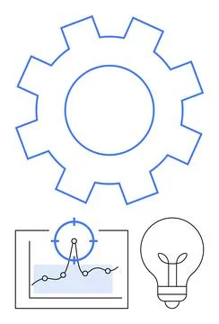Gear symbol for process, graph with target point for strategy, light bulb for Stock Illustration