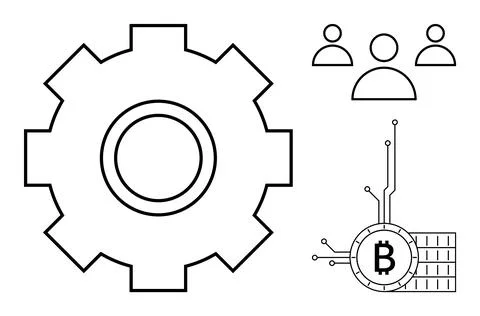 Gear Symbol Representing Technology and Bitcoin with Network and User Icons Illustrazione stock