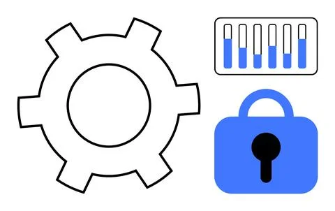 A gear symbolizing functionality, a lock indicating security, and a control p Stock Illustration