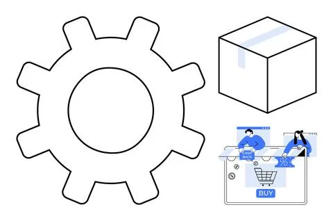 Gear symbolizing operations, package box representing shipping, and hands usi Stock Illustration