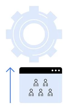 Gear symbolizing optimization, browser window with team icons, and an upward  Stock Illustration