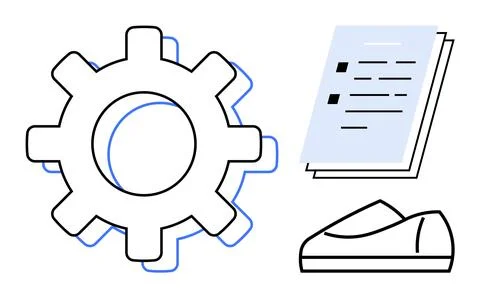 Gear symbolizing process, documents representing tasks, and USB mouse indicat Stock Illustration