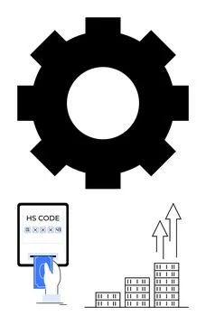 Gear symbolizing systems, hand inputting HS Code for logistics, and bar chart Stock Illustration