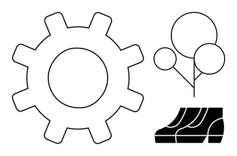 Gear symbolizing technology and industry, trees representing nature and envir Stockillustratie