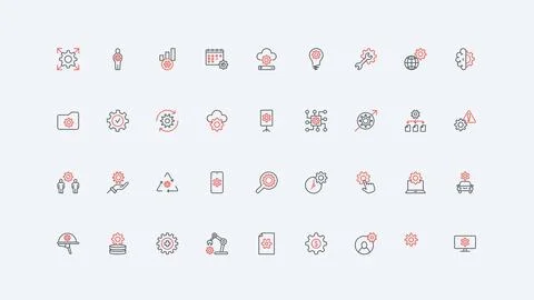 Gear system control, maintenance and repair, settings modification line icon set Stock Illustration