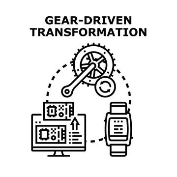 Gear system illustrating continuous transformation, connecting digital innova Stock Illustration