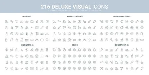 Gear system, manufacturing and engineering productivity, operation line icon set Stock Illustration