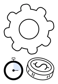 Gear, Timer, and Dollar Coin Highlighting Productivity and Financial Management Illustrazione stock