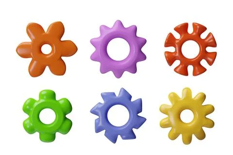 Gear tools different colors 3D vector set, mechanism wheel cogwheel construction Ilustração Stock