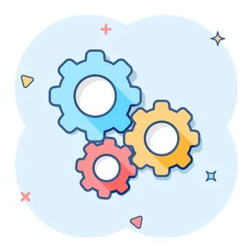 Gear vector icon in comic style. Cog wheel cartoon illustration on white back Stock Illustration