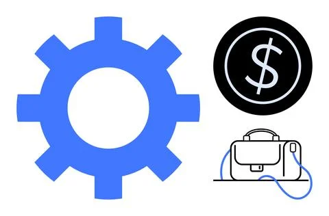 Gear wheel for efficiency, dollar symbol for finance, briefcase for business. Illustrazione stock