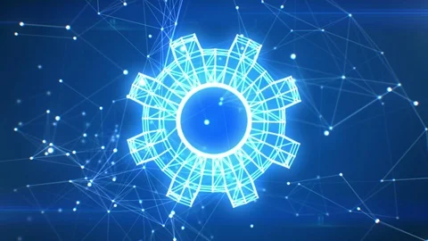 Gear Wheel Icon Appearing in Network Cloud from Lines and Dots Stock Footage 77158928