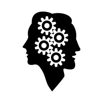 Gear wheel symbol in the head of a thinking silhouette woman and man. Stock Illustration