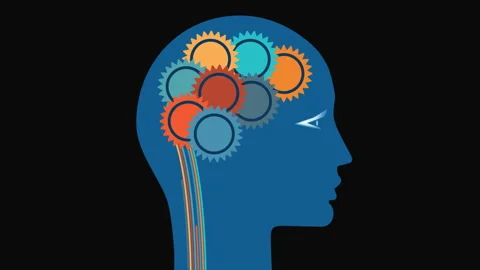 Gear wheels and a brain, rational thinking head Black background Stock Footage 201806827