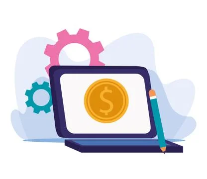 Gear wheels and laptop computer with money coin icon on screen Stock-Illustration