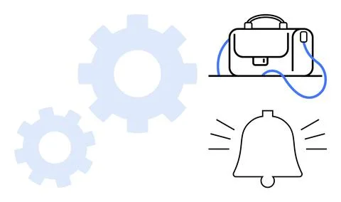 Gear wheels, briefcase with blue strap, and ringing bell. Ideal for productiv Stock Illustration