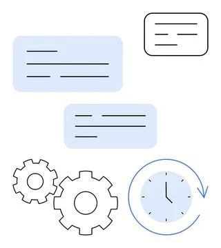 Gear wheels, clock, and speech bubbles representing time management and Stock Illustration