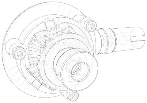 Gear wheels close-up. Vector rendering of 3d. Wire-frame Illustrazione stock