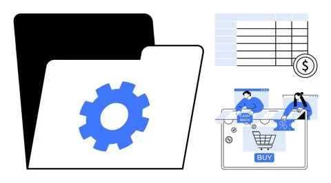 Gear within folder, spreadsheet with dollar sign, shopping cart with buy butt Stock Illustration