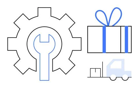 Gear with wrench inside, gift box with ribbon, and delivery truck with packag イラスト素材