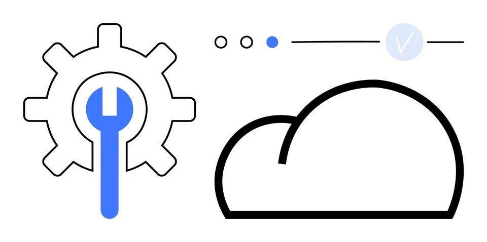 Gear with wrench representing tools for cloud service integration, cloud outl Illustrazione stock