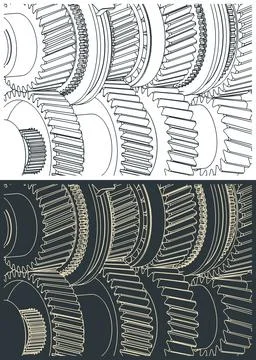 Gearbox mechanisms close up illustrations Illustrazione stock