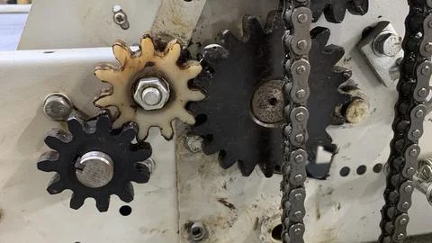 Gears and chains on the engine machine Stock Photos