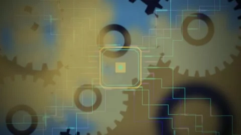 Gears and circuit board pathways seamless loop technology background 動画素材 344972124