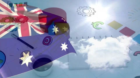 Gears and cloud reflections on Australian flag symbolizing innovation and Stock Footage 304011516