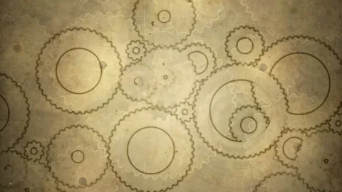 Gears and cogs against retro sepia-toned paper texture background with animated Stock Footage 321278826