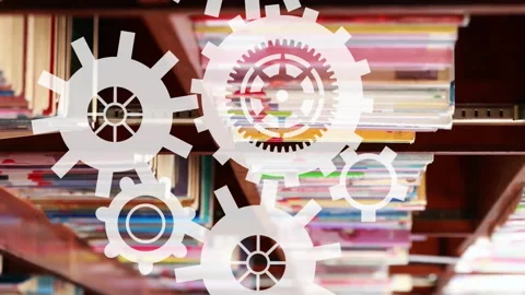 Gears and cogs animation over person reading book in library Stock Footage 313018350
