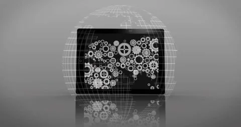 Gears and cogs animation over digital globe with reflective surface Stock Footage 327585405