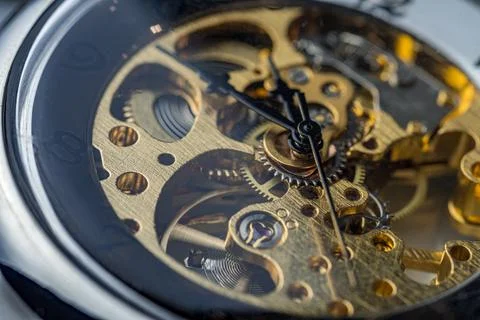 Gears and cogs inside clock. Close-up view on retro watches. Stock Photos