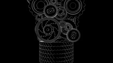 Gears and cogs interlock, forming a light bulb shape, their movements sketc.. Stock Footage 270518000