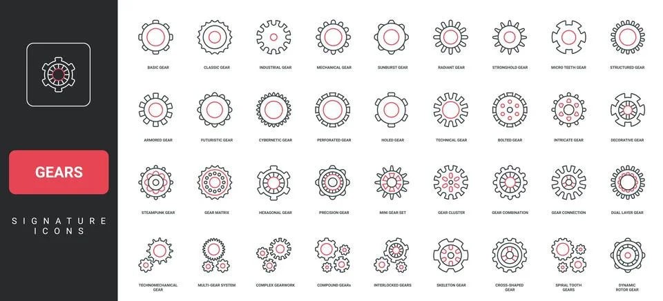Gears and cogwheels of machine engine, system function, technical progress line Stock Illustration
