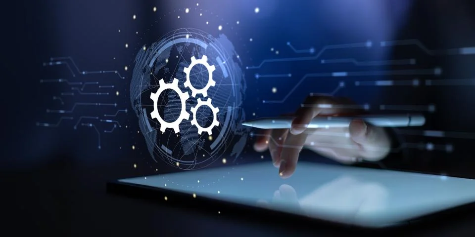 Gears and Digital Interface for Automation and Workflow Processes with Hand.. Stock Photos