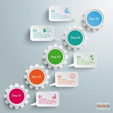 Gears chart 5 options speech bubbles Stock Illustration