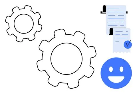 Gears with Checkmarked Document and Smiling Face in Modern Minimalist Style Stockillustratie