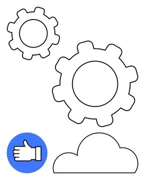 Gears, cloud, and thumbs-up hand on a blue circle. Ideal for technology, clou Stock Illustration