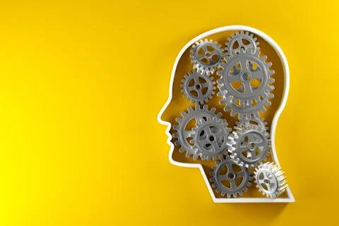 Gears cogwheels in human head shape over yellow background - strategy, creati Illustrazione stock
