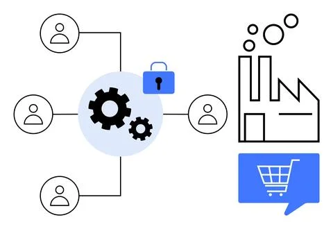 Gears connecting user network with a factory, a lock, and a shopping cart. Id 스톡 일러스트