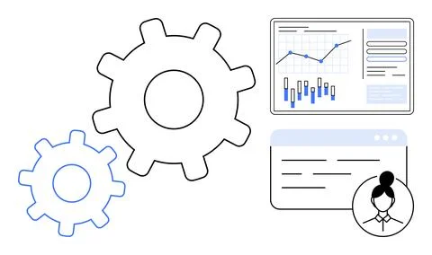 Gears with data charts and user icon, symbolizing analytics and project manag イラスト素材