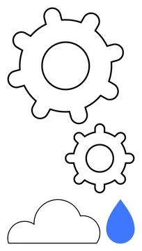 Gears of different sizes, a cloud, and a blue water drop suggest interconnect Illustrazione stock