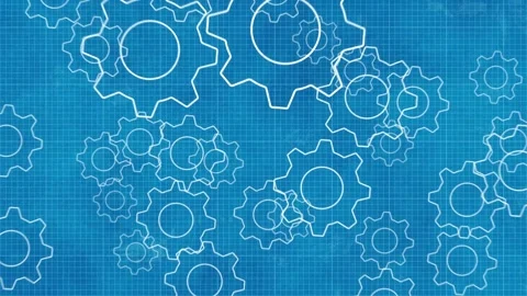 Gears flying in blue technical drawing background  4k 60fps Stock Footage 331115827