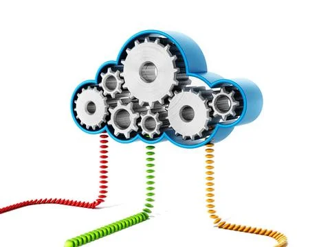 Gears forming a cloud shape connected with colored lines Gears forming a c... Stock Photos