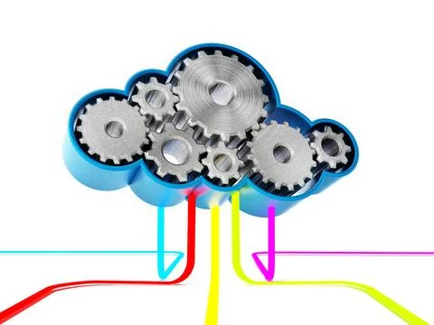 Gears forming a cloud shape connected with colored lines Gears forming a c... 스톡 사진